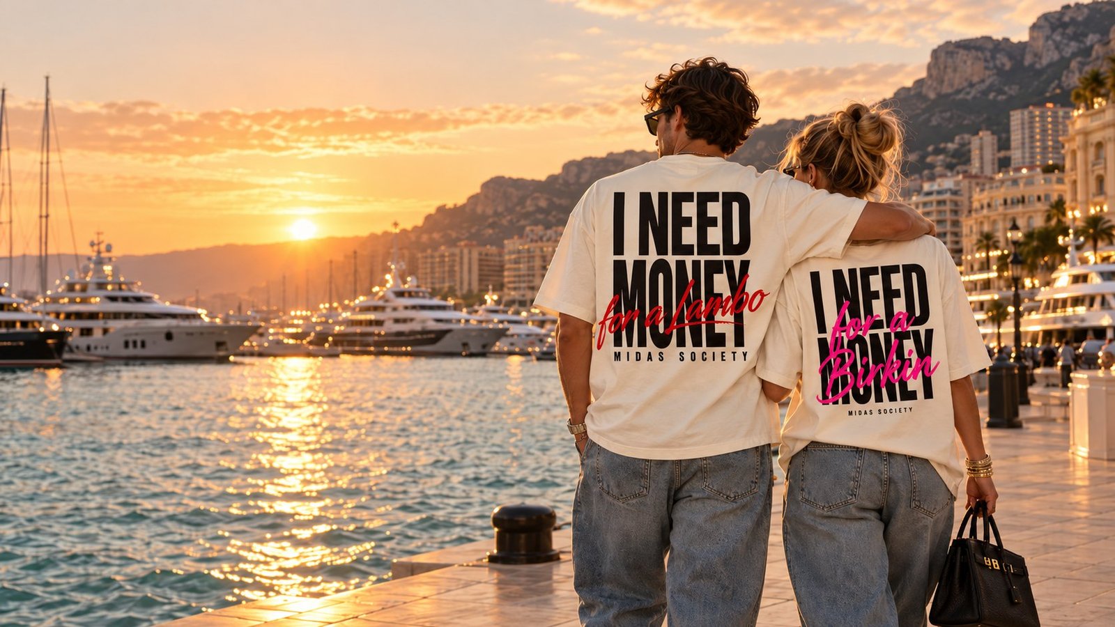 Pareja de espaldas con playeras Midas Society I Need Money en un muelle con yates